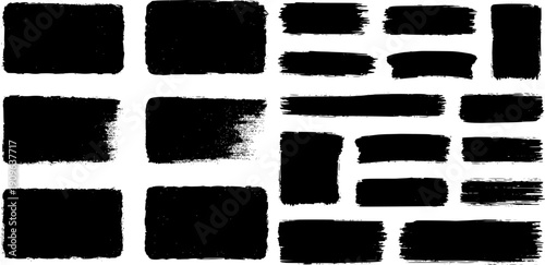 Grunge Brush Stroke Rectangle Set. Black Distressed Highlight Frames and Text Box Background Elements.