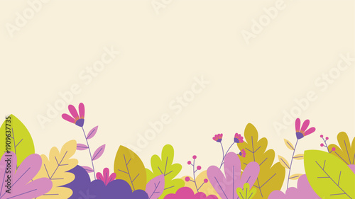 Cheerful spring themed horizontal template background with illustration of leaves and flowers on empty space backdrop for text, suitable for seasonal designs, promotion, and events.