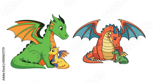 Two colorful dragons a parent and baby are depicted in a cartoon style
