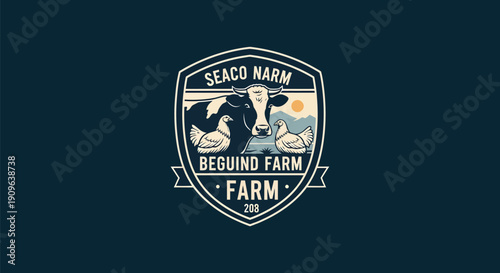 Vintage Farm Logo with Holstein Cow and Mountain Landscape.