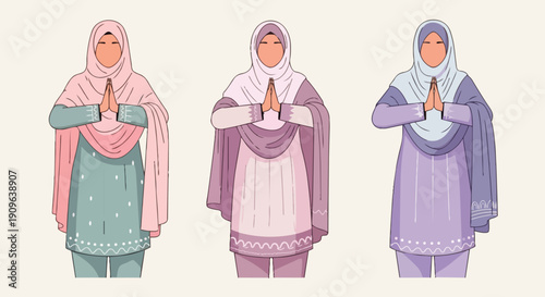 Flat vector illustration depicts a portrait of a South Asian (Indian and Pakistani) Muslim woman wearing traditional Islamic attire while conveying Eid al-Fitr greetings.