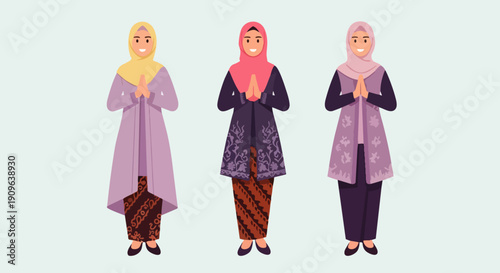 Flat vector illustration depicts a Portrait of an Asian (Indonesian) Muslim woman wearing traditional Islamic clothing and wearing a hijab while giving Eid al-Fitr greetings.