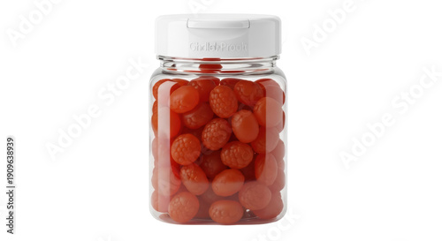 Photos Red multivitamin gummies in clear bottle isolated PNG, healthy gummy vitamins fo