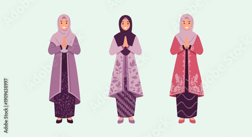 Flat vector illustration depicts a Portrait of an Asian (Indonesian) Muslim woman wearing traditional Islamic clothing and wearing a hijab while giving Eid al-Fitr greetings.