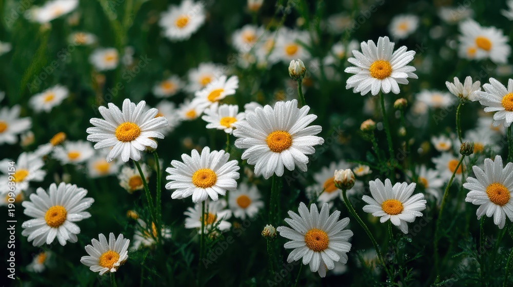 Fototapeta premium Fresh White Daisy Flowers Blooming in a Vibrant Green Field
