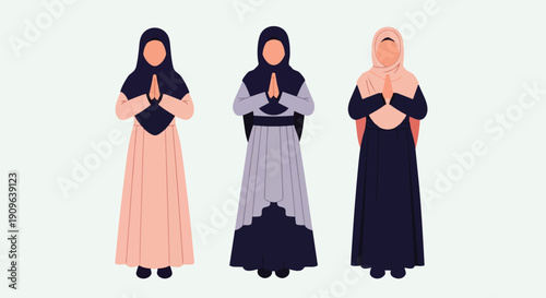 Flat vector illustration depicts a portrait of a Muslim woman wearing Islamic clothing and hijab while conveying Eid al-Fitr greetings.