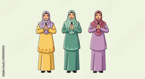Flat vector illustration depicts a portrait of an Asian (Malaysian) Muslim woman wearing traditional Islamic clothing and hijab while conveying Eid al-Fitr greetings.