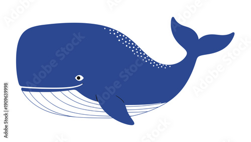 Large blue whale illustration with white belly lines and small decorative white dots on a clean white background.