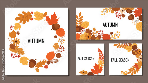 Collection of four warm autumn themed cards and a wreath featuring falling leaves, acorns, berries, and seasonal text.