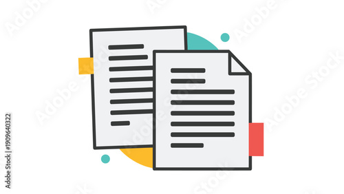 Two paper documents with text lines and colorful sticky notes are displayed against a clean white background in a simple icon style.