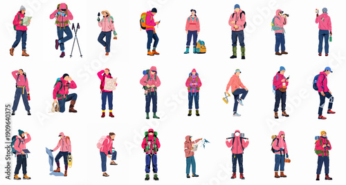 Collection of illustrations showing diverse people hiking, trekking, and exploring nature with essential outdoor adventure gear on a white background.
