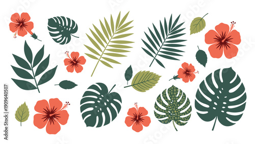 Collection of tropical leaves and hibiscus flowers in a flat design style includes monstera, palm fronds, and various exotic greenery.