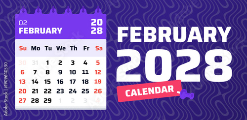 February 2028 calendar. Calendar template. 2028 Week start Sunday. Design template. Vector illustration. Date of monthly calendar February 2028. Weekend at Sunday and Saturday