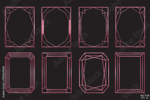 Premium rose gold geometric frames are isolated on black background. Luxury pink borders for invitations, luxury templates, and decorative patterns.