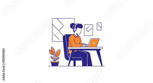 Woman working remotely from home office with laptop and headphones.