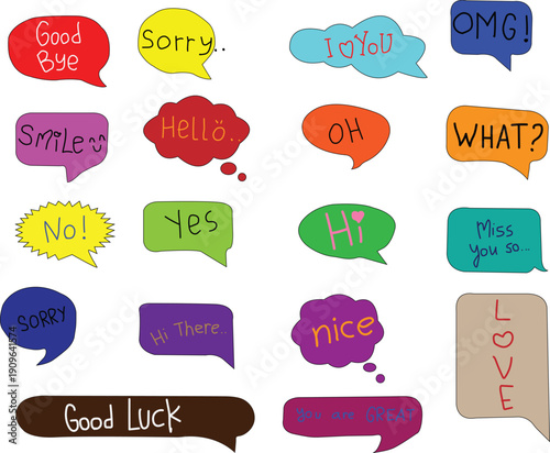 Vibrant colorful speech bubbles with various bubble speech phrases