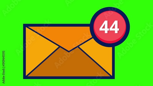A flat design animation featuring an orange envelope icon with a red notification badge showing a rising message counter, email counter up to 100 animation on green screen