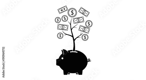 Silhouette Piggy Bank with Money Tree Growing Dollar Coins, Savings and Investment Concept on Isolated White Background