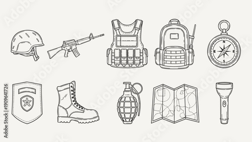 Military army outline icon set with helmet rifle vest backpack compass grenade boots and map symbols