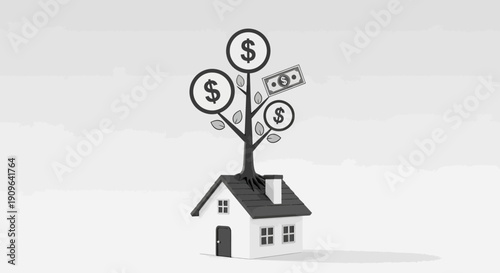 Real Estate and Home Investment Concept, Money Tree Growing from House in Outline Style in Bright Studio