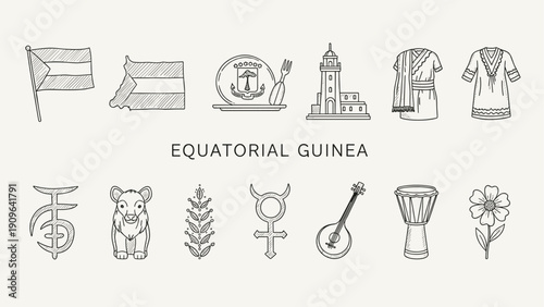Equatorial Guinea cultural symbols and landmarks in a hand-drawn sketch style