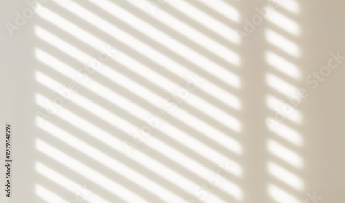 The light from the window blinds on the wall, the shadow lines from the curtain, blurry shadows and silhouettes.. Mockup, copy space for tex