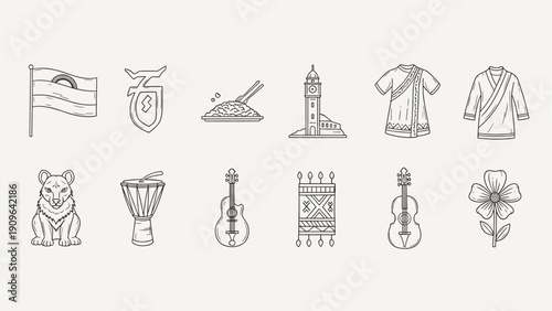 Collection of cultural icons representing national symbols and traditions from various countries