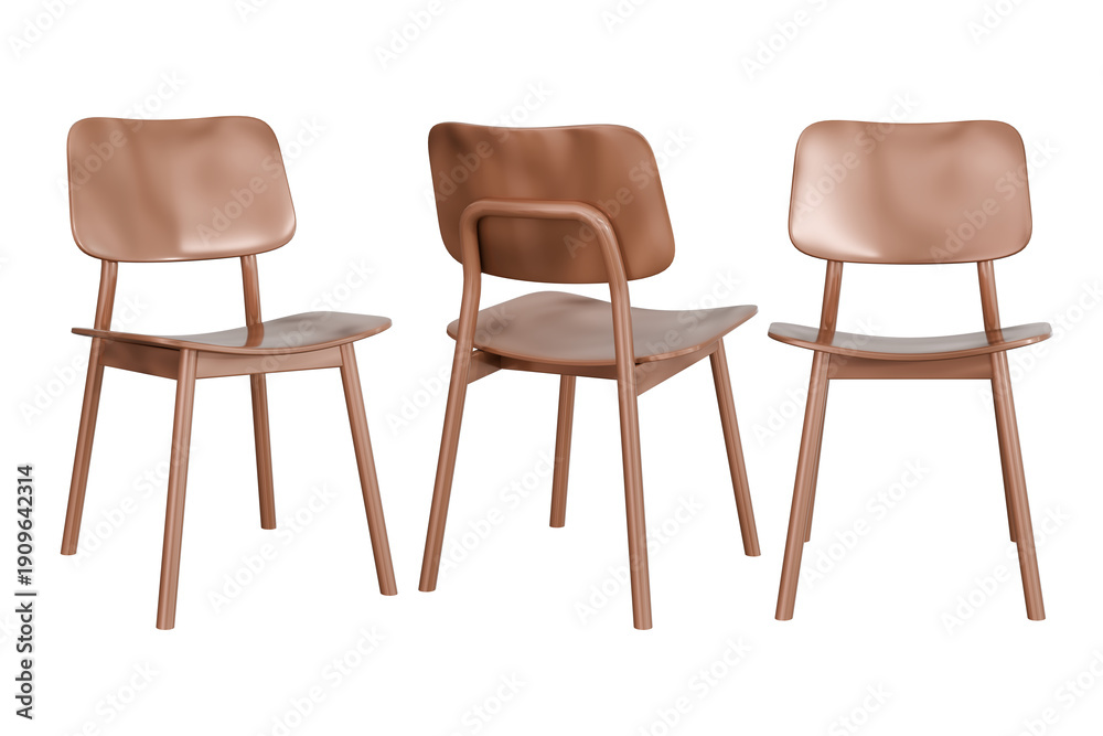 Obraz premium Three-quarter, back, and front views of a modern, ergonomic brown wooden chair with tapered metal legs on a transparent background. Perfect for furniture catalogs and interior design mockups.