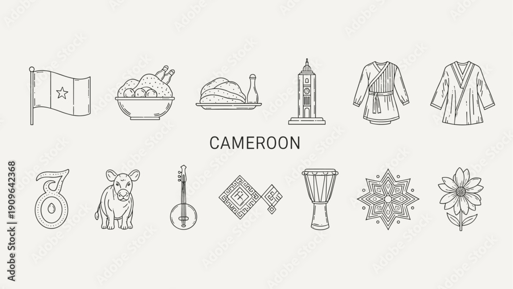 Fototapeta premium Cameroon cultural symbols and landmarks in a line art illustration