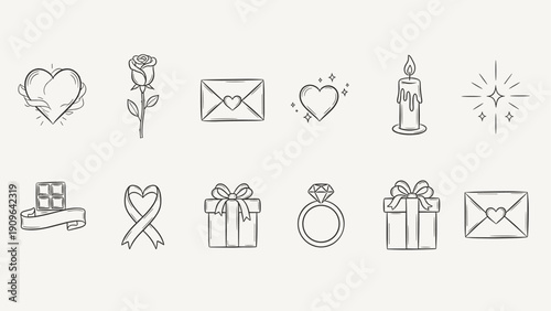 Collection of hand-drawn romantic icons for Valentine's Day and celebrations
