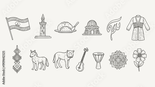 Central Asian cultural symbols line-art icon set with traditional dress, animals and instruments