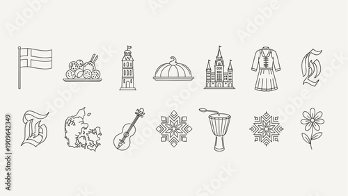 Collection of Danish cultural icons and symbols in a clean line art style