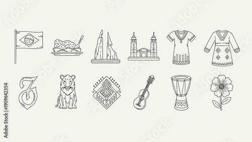 Collection of Brazilian cultural icons and symbols in a clean line art style