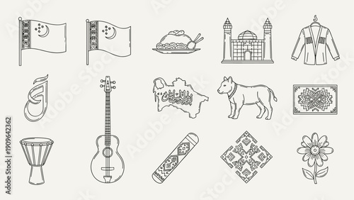Collection of Turkmenistan National Symbols and Cultural Icons in Outline Style