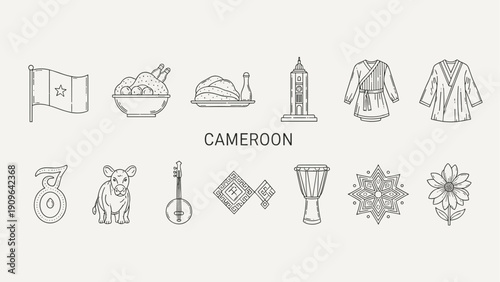 Cameroon cultural symbols and landmarks in a line art illustration
