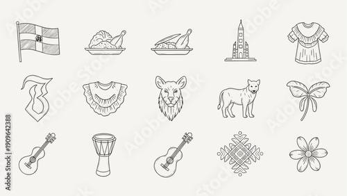 Indonesia culture outline icon set with flag temple mask instruments clothing and map symbols