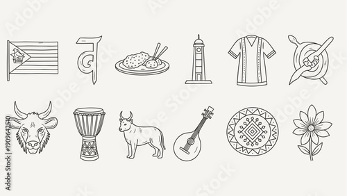 Collection of hand-drawn cultural icons representing diverse elements and traditions
