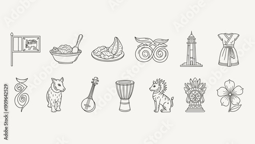 Collection of Sri Lankan cultural icons and symbols in a simple line art style