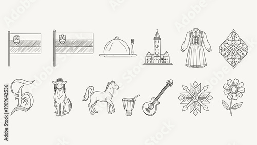 Slovenian cultural symbols and national emblems in a hand-drawn sketch style