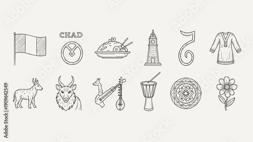 Chad country symbols and cultural icons in a hand-drawn sketch style