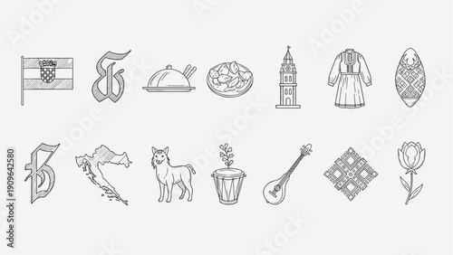 Collection of Croatian cultural symbols and landmarks in a hand-drawn sketch style