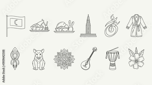 Collection of diverse cultural icons including a flag, food, architecture, and musical instruments