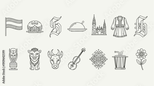 Collection of Hungarian cultural symbols and icons in a clean line art style
