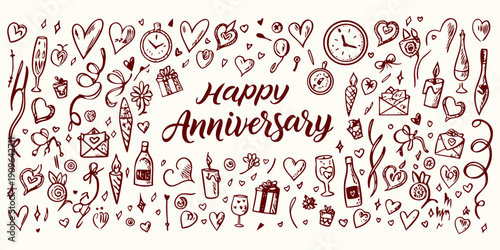 Anniversary Theme doodle illustration set, hand drawn decoration icon. Vector hearts, candles, flowers, gift boxes, champagne bottles, clocks, ribbons, and confetti.