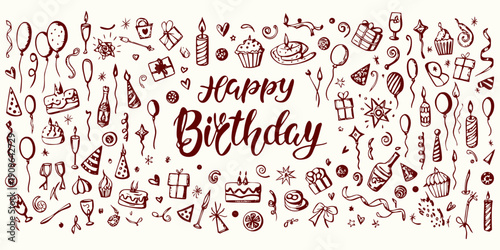 Birthday party doodle illustration set, hand drawn decoration icon, festive cake dessert. Vector whimsical dinner object drinks, anniversary festive candle pie. Birthday doodle print