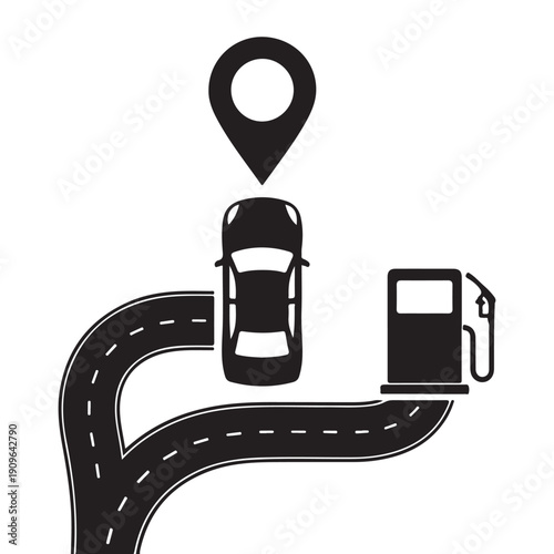 Car top view with fuel station pump icon and gps location map pointer