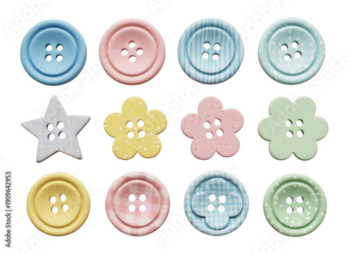 Collection of various pastel-colored cute buttons with different patterns and shapes
