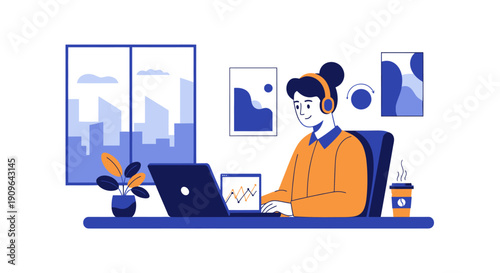 Young woman wearing headphones working on laptop at desk.