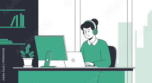 Young woman wearing headphones working on laptop at desk.