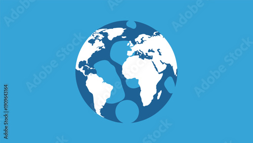 Simplified graphic of the planet Earth shows white continents and blue oceans against a lighter blue background in a flat map style.